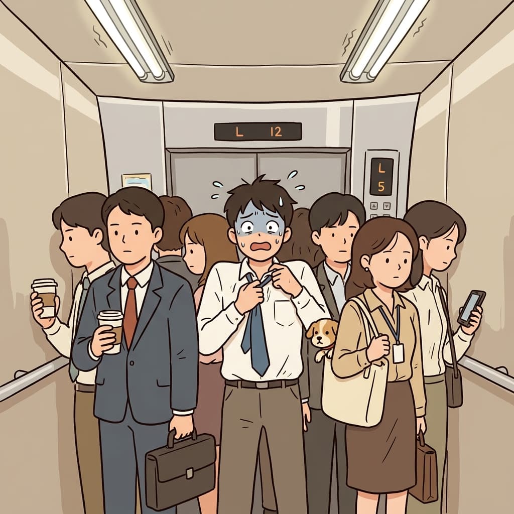 Trapped in a crowded elevator, he feels sudden claustrophobia squeezing his chest.