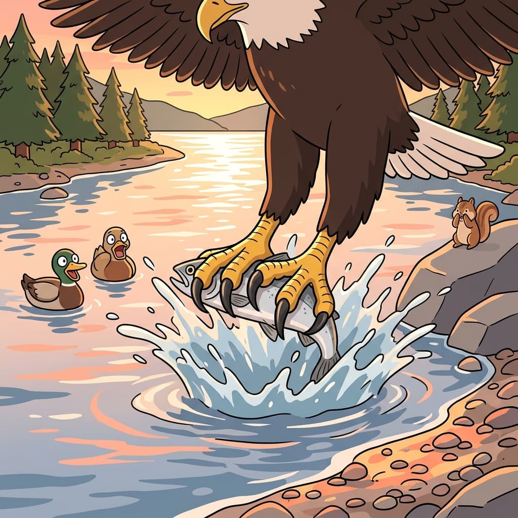 The eagle's sharp claws snatch a fish from the river in one swift strike.