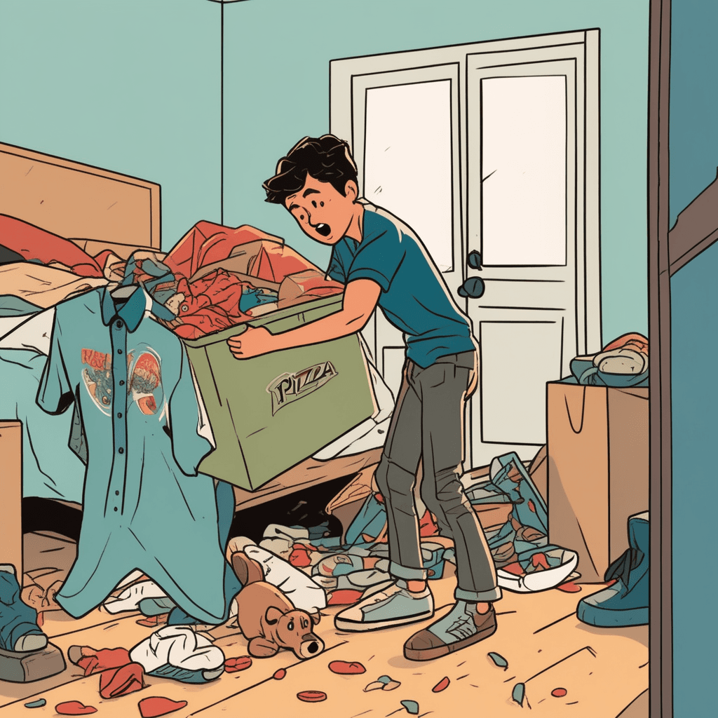 Boy cleaning up messy room