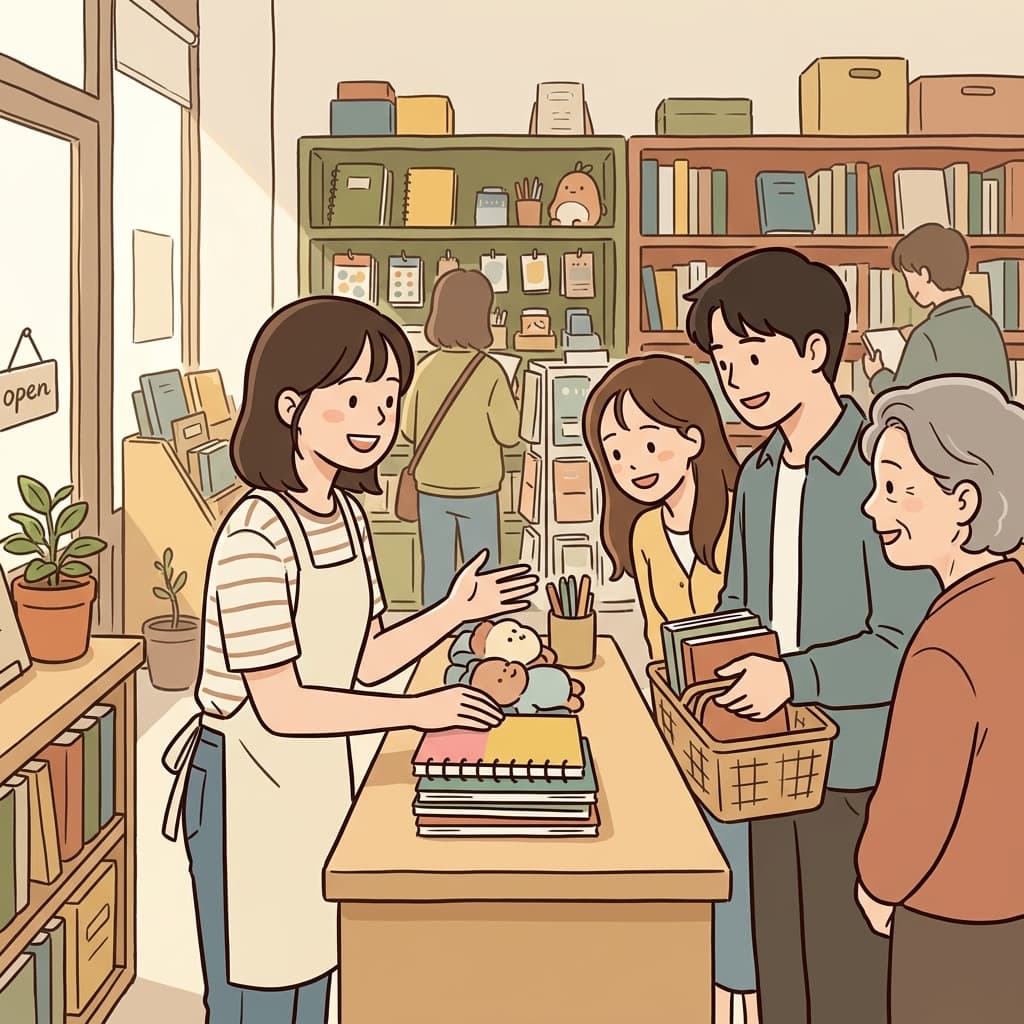 The bookstore clerk helped a family choose books at the counter.