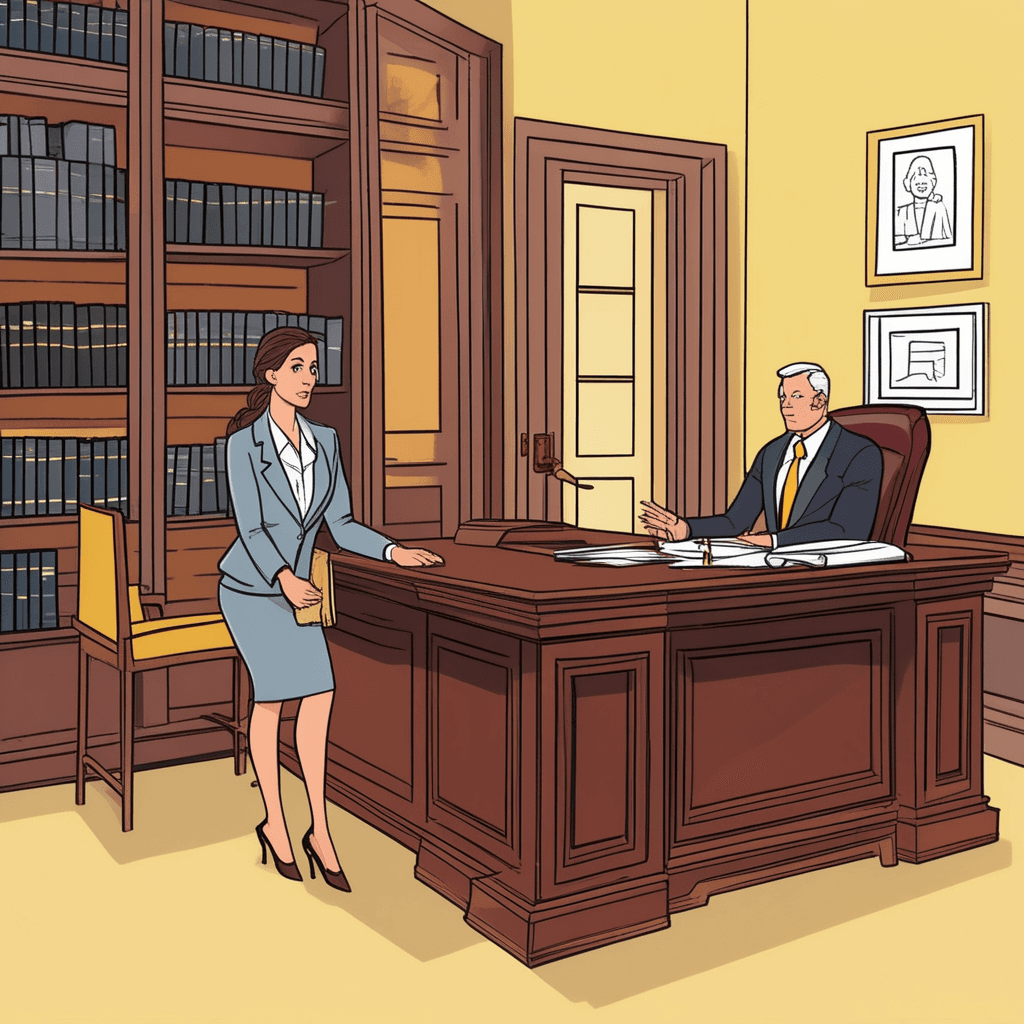 a well-dressed lawyer sits across from a concerned-looking person at a polished wooden desk. The lawyer gestures reassuringly while holding legal documents and explaining options. The person listening nods attentively, clearly seeking professional guidance for their legal matter. Legal books and certificates on the wall show the lawyer's expertise and qualifications. The person appears relieved as they receive professional advice and representation. Other staff members work quietly in the background, handling case files. a person using the services of a legal professional