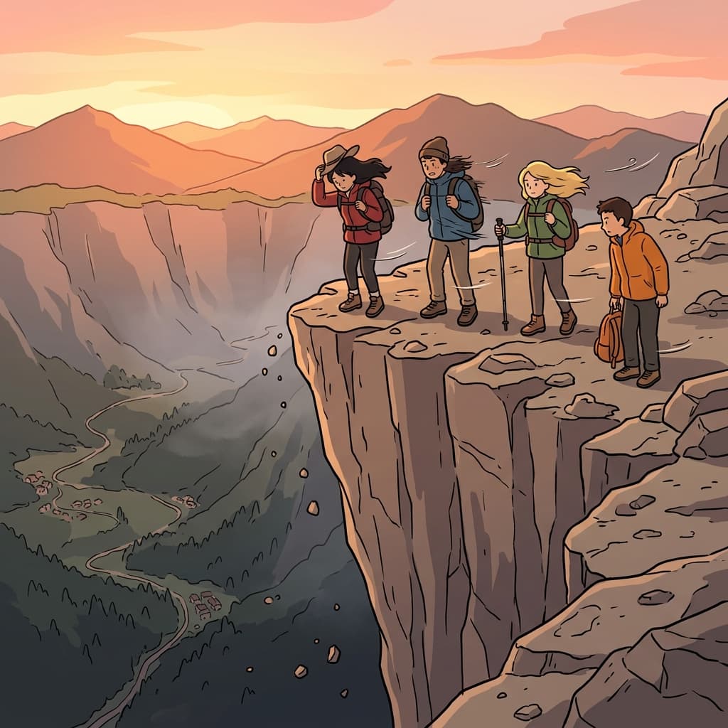 The hikers stopped carefully near the edge of the dangerous cliff.