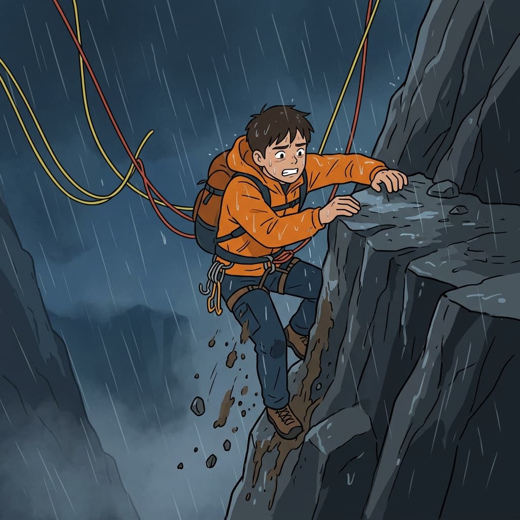 One small slip near the cliff nearly broke his grip on survival.