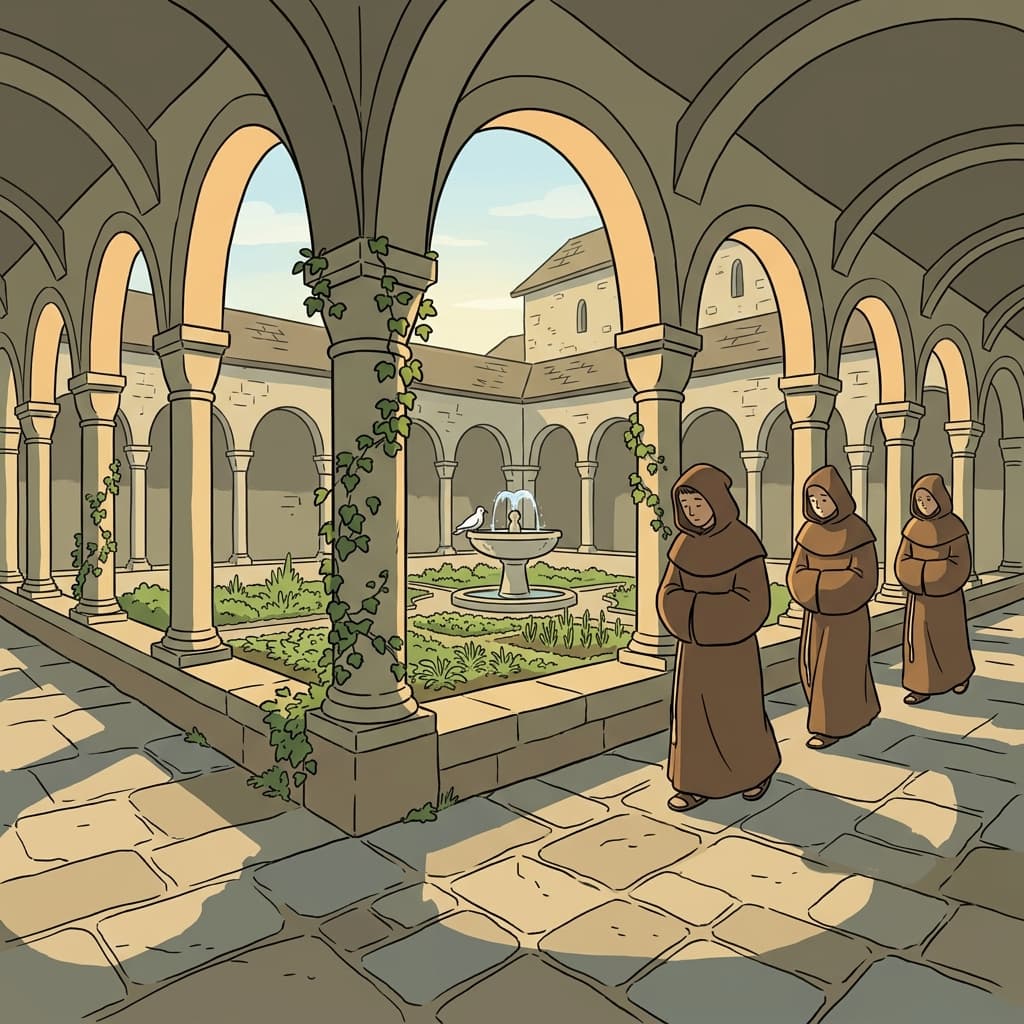 Monks walk silently through the cloister, hands folded, lost in prayer.