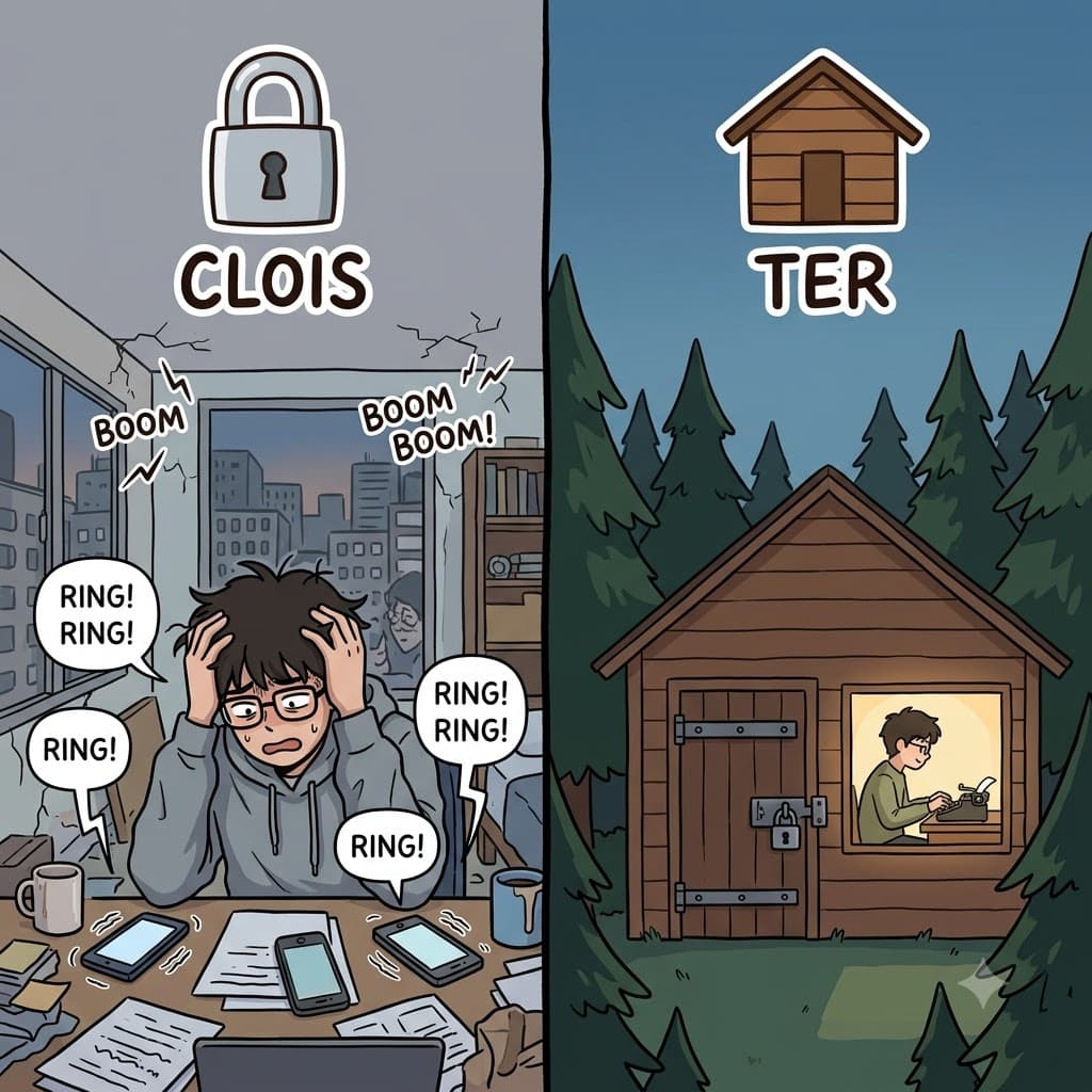 CLOIS(close) + TER(place) — moving to a perfectly CLOIS(closed) TER(place) in the forest, the writer chose to cloister himself to finish the book.