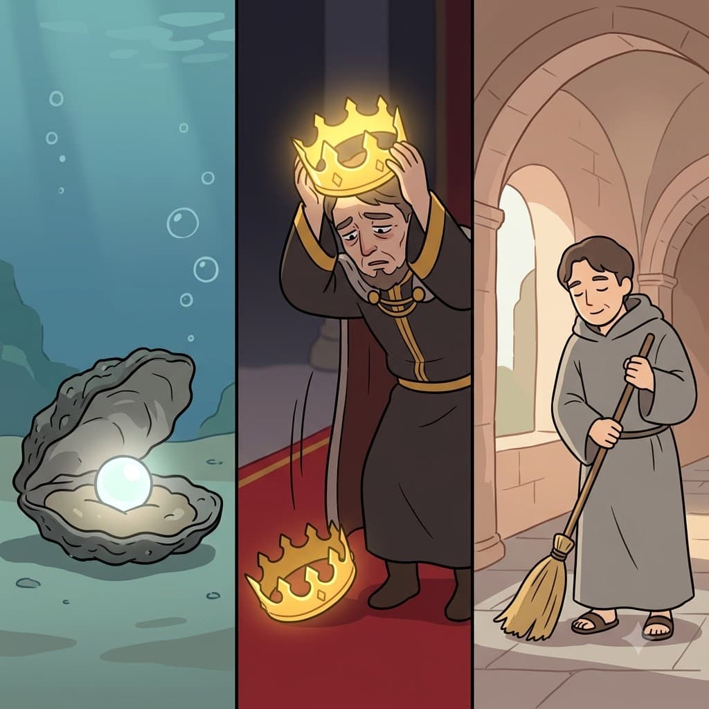 Just like a pearl hidden safely inside a hard oyster, the tired king left the throne to hide in a quiet cloister.