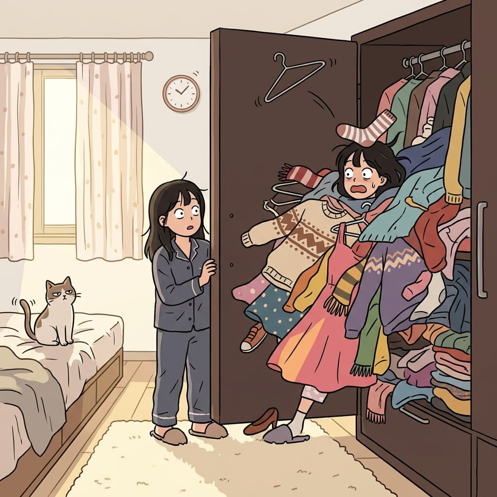 She opened the closet and a mountain of clothes tumbled out onto her.