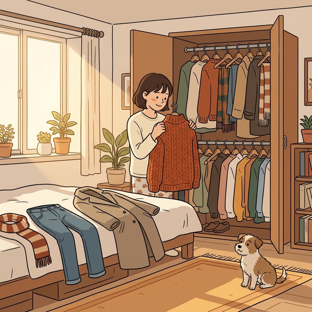 She picks out warm clothes from her closet before heading out.