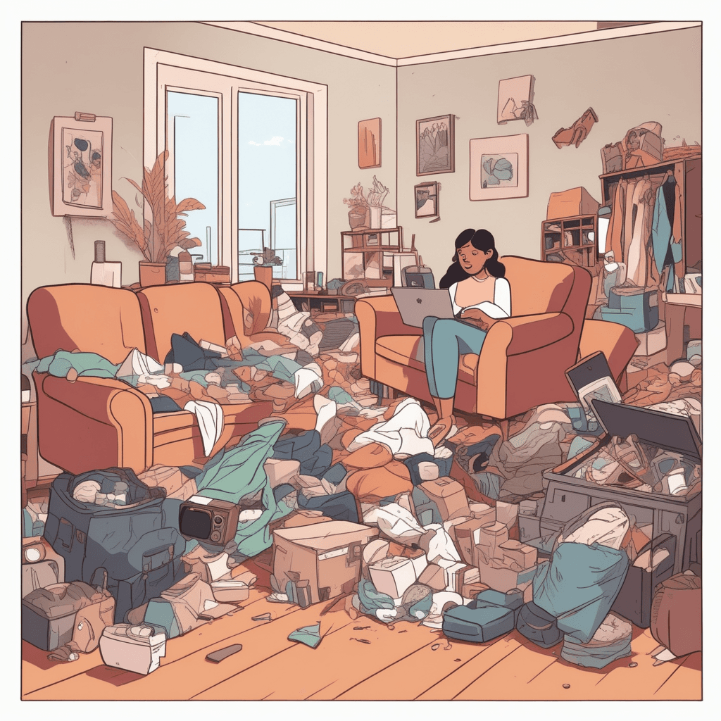 a young woman frantically searches through piles of clothes, books, and random objects scattered across every surface. She tosses items aside while looking increasingly stressed and overwhelmed. The coffee table overflows with magazines, empty cups, remote controls, and unopened mail creating unstable towers. Books are stacked on the floor, clothes hang over chair backs, and kitchen items mix with office supplies on shelves. Her roommate stands in the doorway shaking their head at the impossible mess surrounding them. The couch barely has space to sit with cushions buried under more belongings. a space filled with too many things in a completely disorganized way