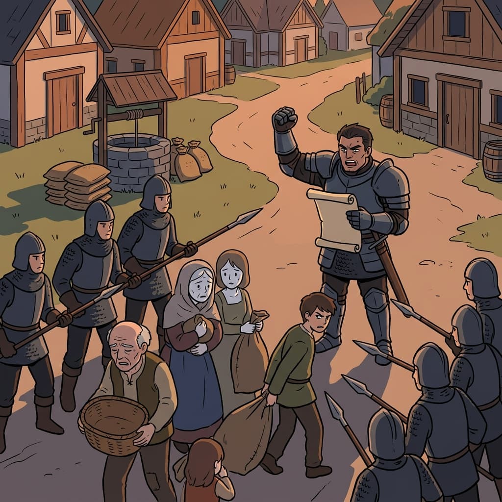 The dictator's coercive decree forced villagers to surrender their harvest at spearpoint.