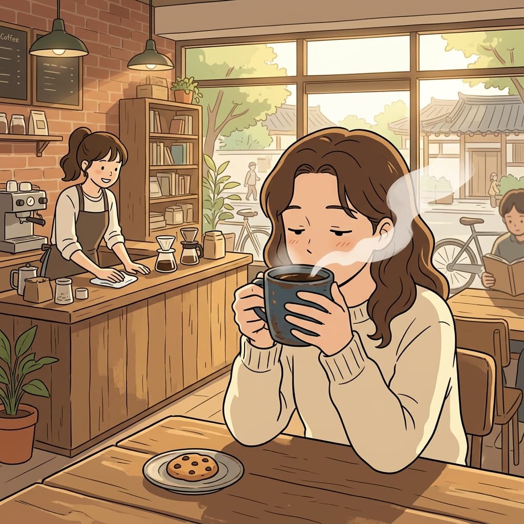 She sips hot coffee by the window as morning light fills the cafe.