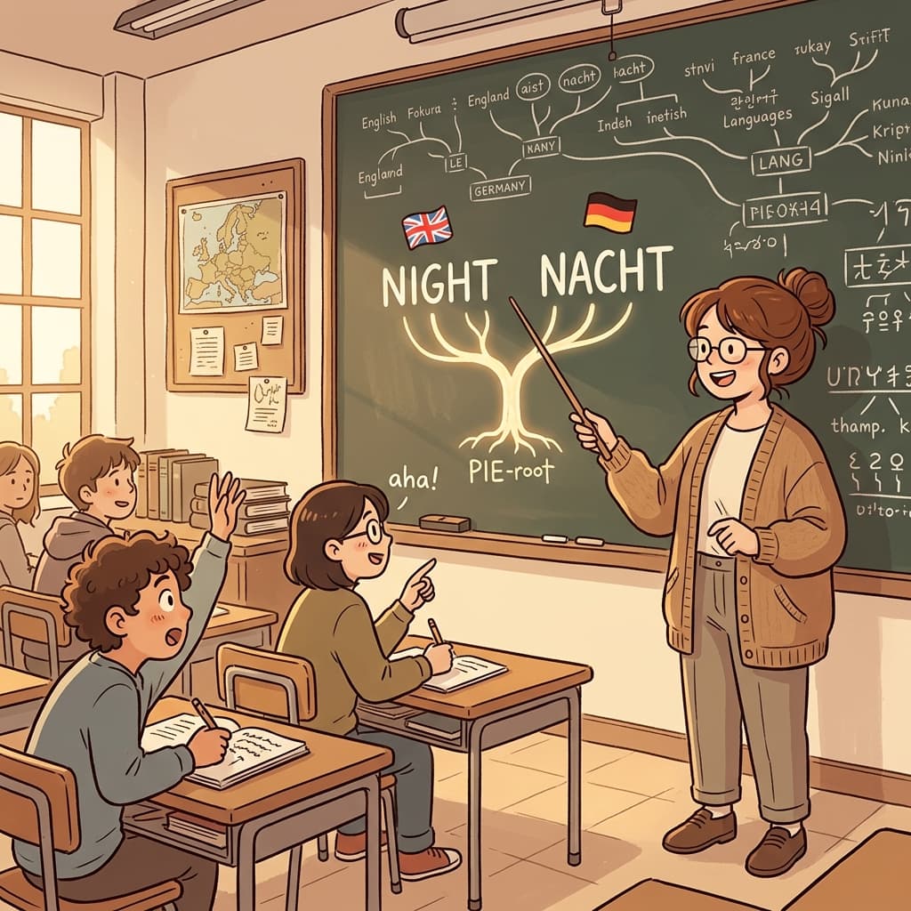 English 'night' and German 'Nacht' are cognate words from the same ancient root.