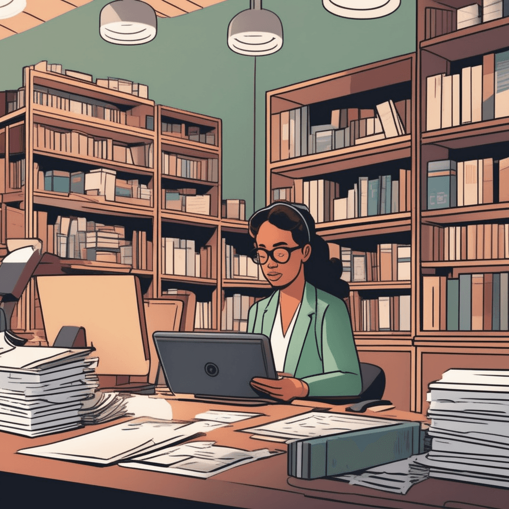 a focused researcher gathers papers, books, and printouts from different piles spread across a large desk. She carefully sorts through each source, pulling relevant information from newspapers, academic journals, and research notes. The previously scattered materials begin forming organized stacks as she combines related information together. Multiple reference books lie open showing she has been cross-referencing facts from various publications. A librarian nearby helps by bringing additional source materials from different sections. the process of collecting and combining information from different sources