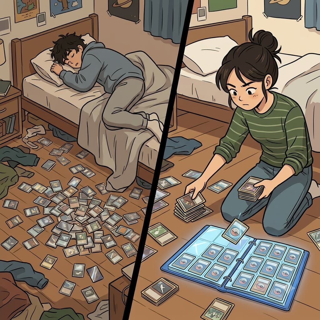 While the lazy boy left his trading cards completely scattered on the floor, the neat girl actively gathered hers to collect them in a glowing binder.
