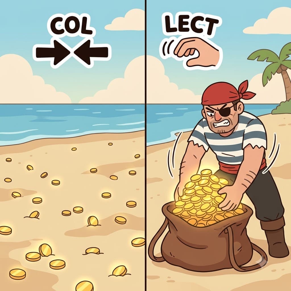 COL(together) + LECT(gather) — by aggressively deciding to LECT(gather) all the scattered gold coins COL(together) into one bag, the pirate managed to collect a huge treasure.