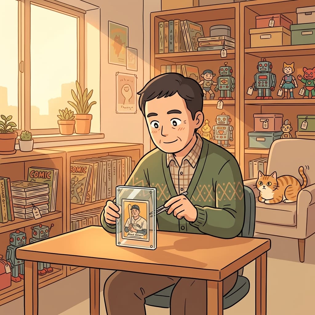 He proudly displays his rare collectible baseball card in a glass case.