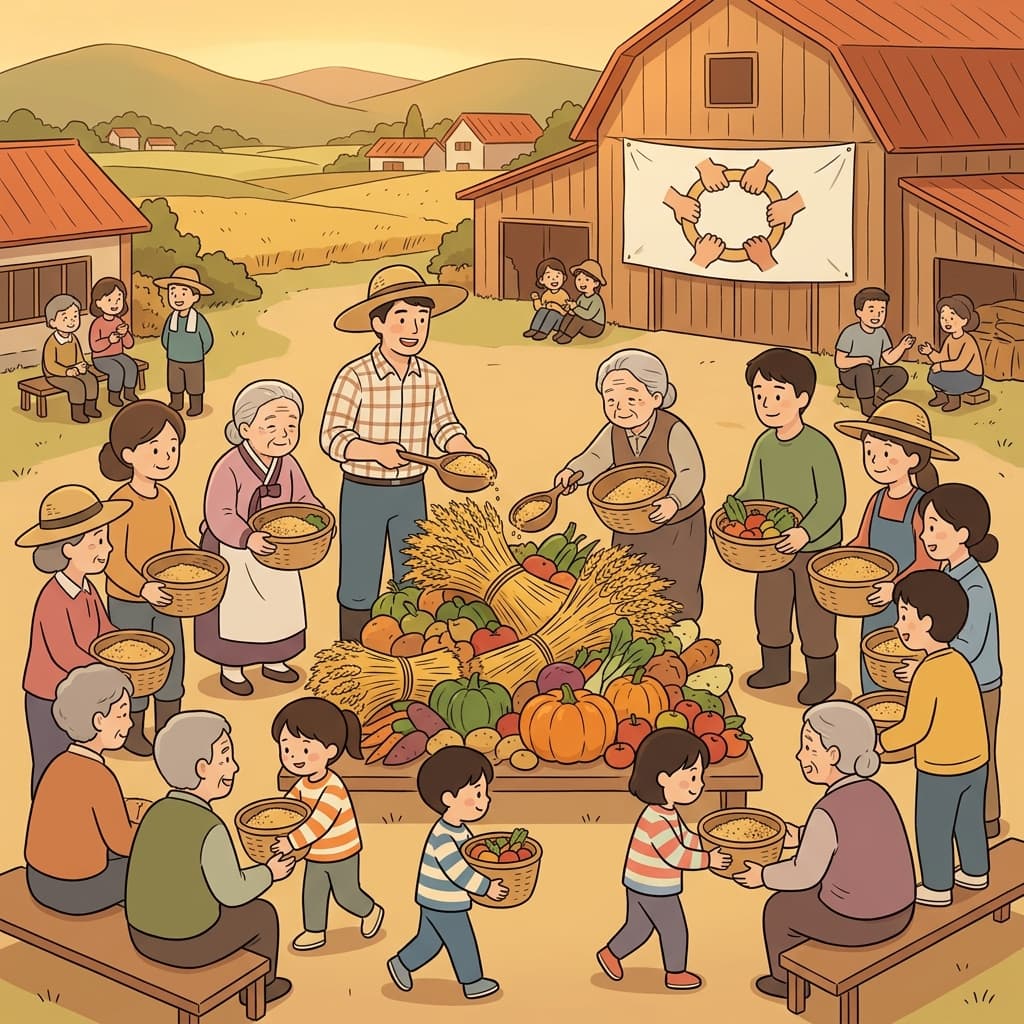 The village practices collectivism — everyone shares the harvest equally.