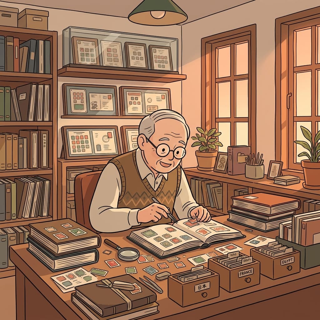 The collector proudly displays his rare stamps from around the world.