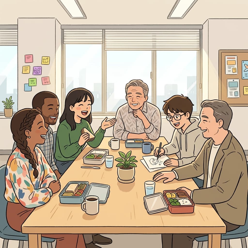 The team shares a collegial lunch, laughing and swapping ideas as equals.