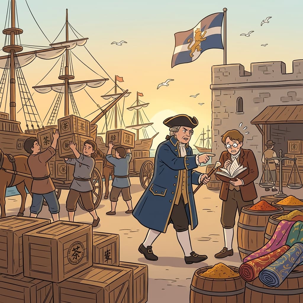 The colonial governor inspects rows of imported tea crates at the harbor.