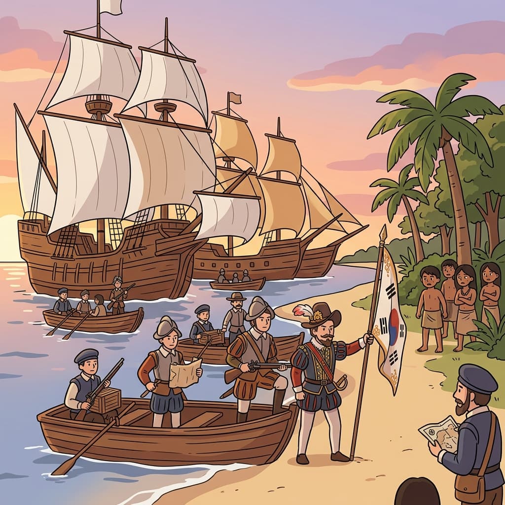European ships arrive on distant shores, beginning the colonization of new lands.