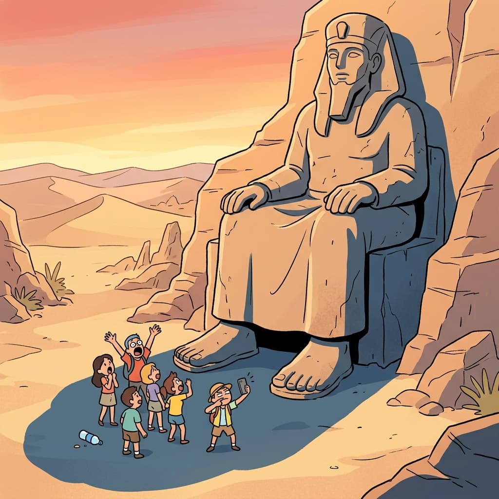 The colossal statue towers over the tiny tourists below.