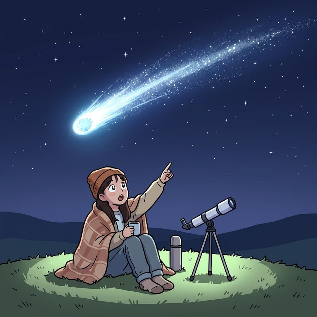 A bright comet streaks across the night sky, leaving a glowing tail behind.