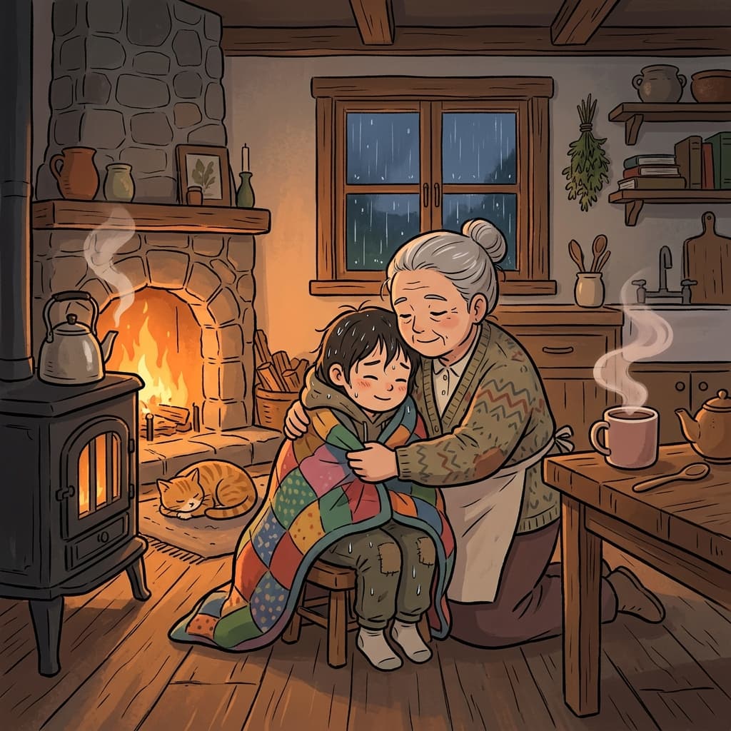 A grandmother wraps a comforting blanket around her shivering grandchild after the rainstorm.