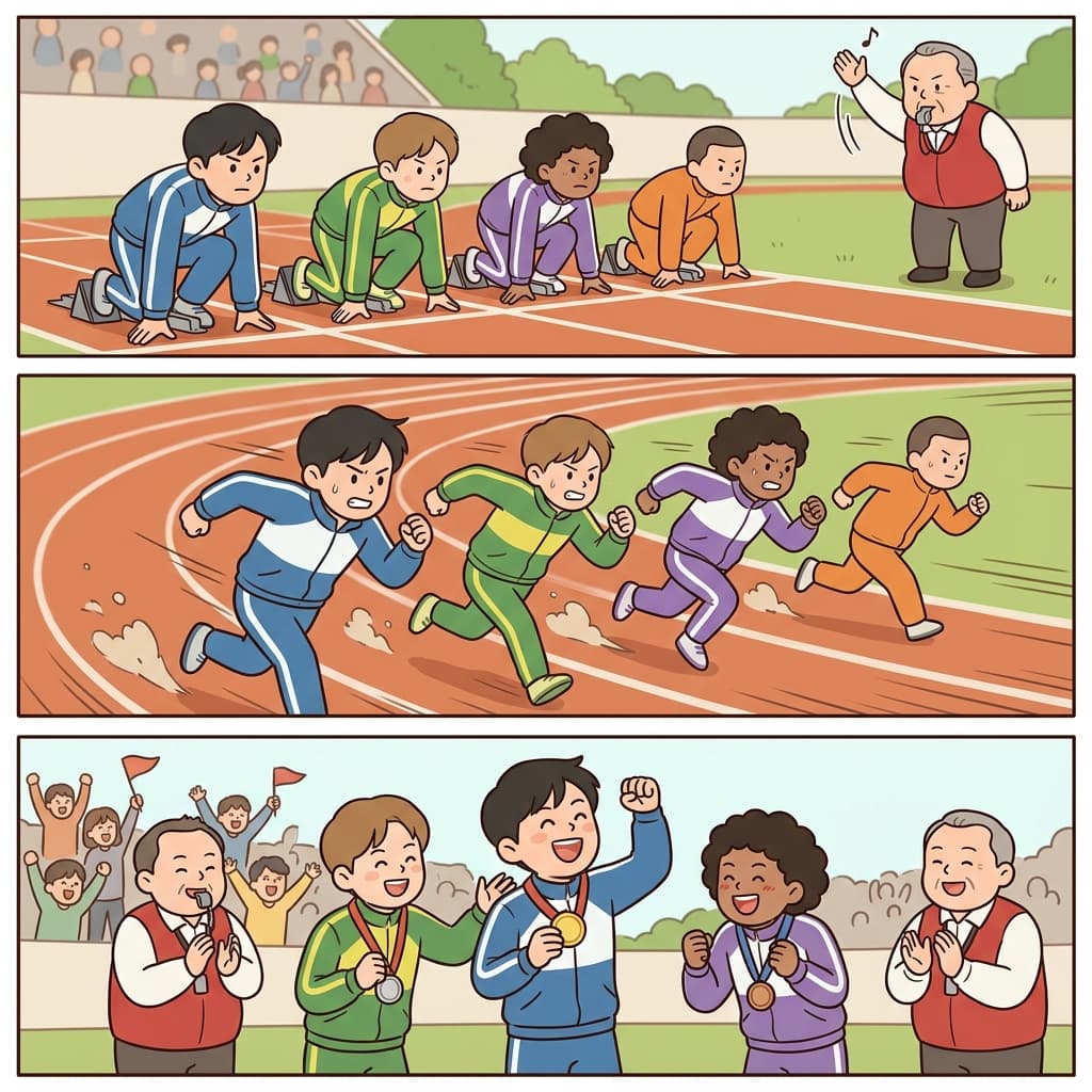 The runners commenced the race and celebrated their success at the finish line.