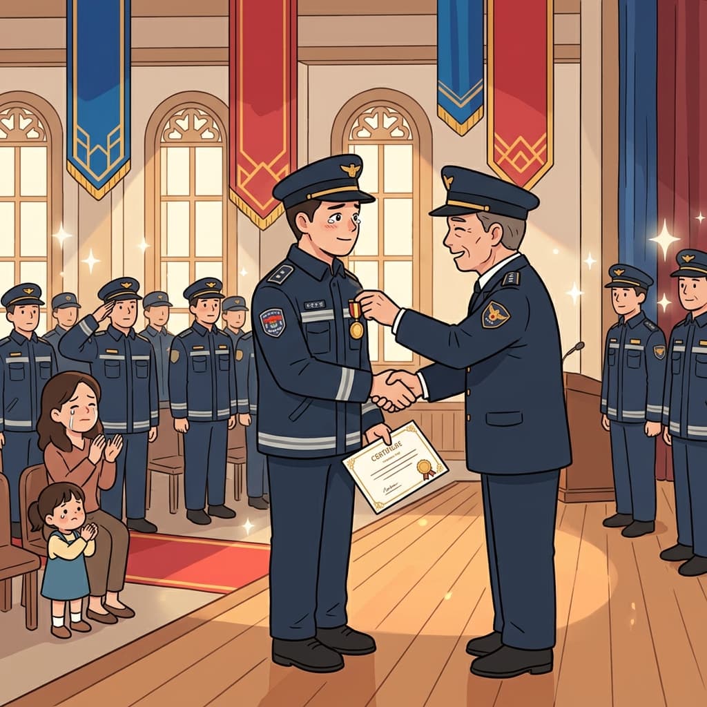 The young firefighter received a commendation for rescuing a family from the burning building.