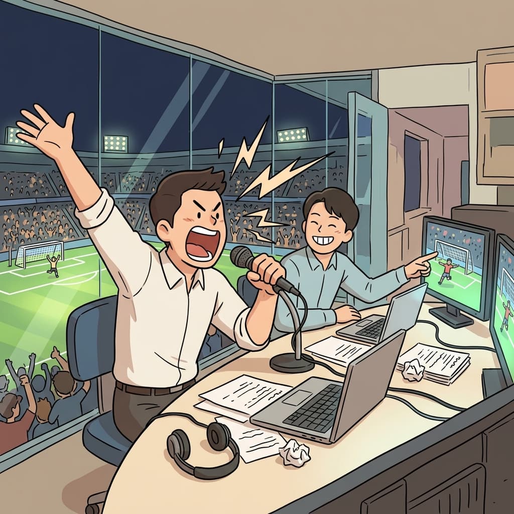 The sports announcer delivers lively commentary as the final goal hits the net.