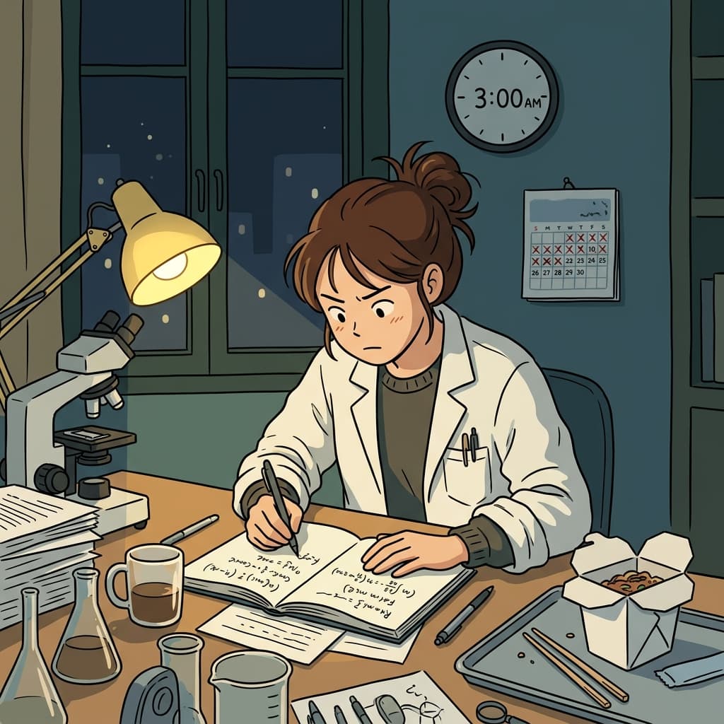 She stays late every night, fully committed to finishing the cancer research before the deadline.