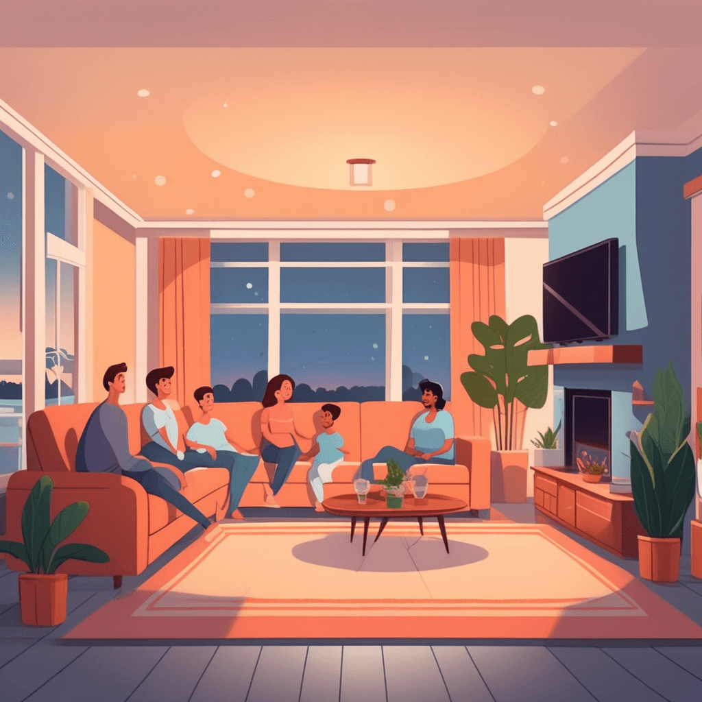 a family of four spreads out comfortably across a huge sectional sofa with plenty of room between each person. Each family member has space to stretch out with books, tablets, and snacks without crowding each other. The wide room allows for additional comfortable chairs, a large coffee table, and open walking areas. Even with all the furniture and family members, there's still abundant space to move around freely. Two children play on a soft area rug while parents relax without feeling cramped. The spacious ceiling height and wide windows add to the airy, unconfined atmosphere. having a lot of space inside that feels roomy and comfortable