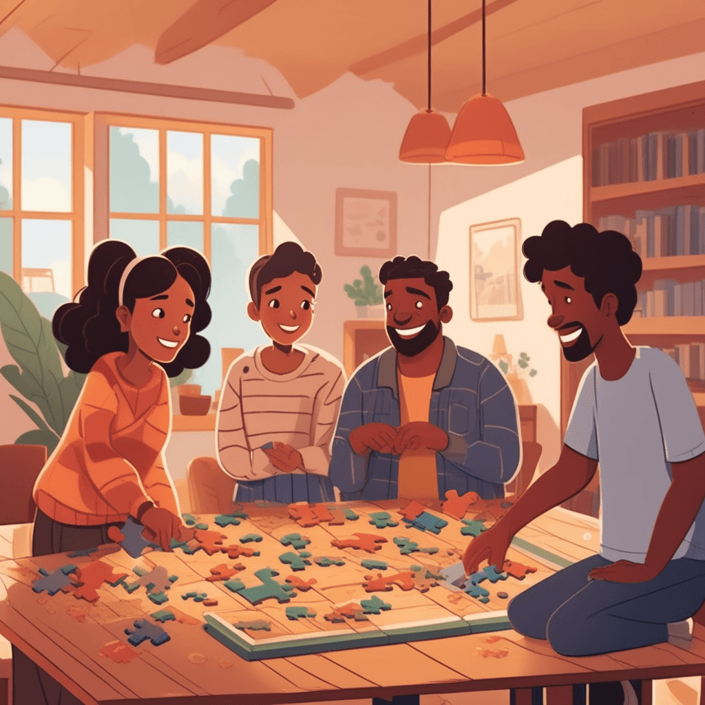 three people lean excitedly over a large puzzle spread across a wooden table. They point at different puzzle pieces and smile as they work together. One person finds a corner piece that fits perfectly into the section another person was working on. The others cheer and give encouraging thumbs up as the puzzle picture becomes clearer. Their faces show genuine enjoyment and connection through their shared activity. Everyone contributes different pieces while helping each other solve the same challenge. a subject that multiple people share and are mutually interested in