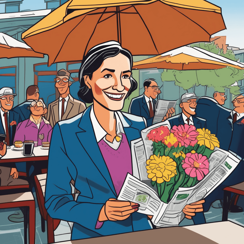 At the café with a bouquet, she reads the communiqué!