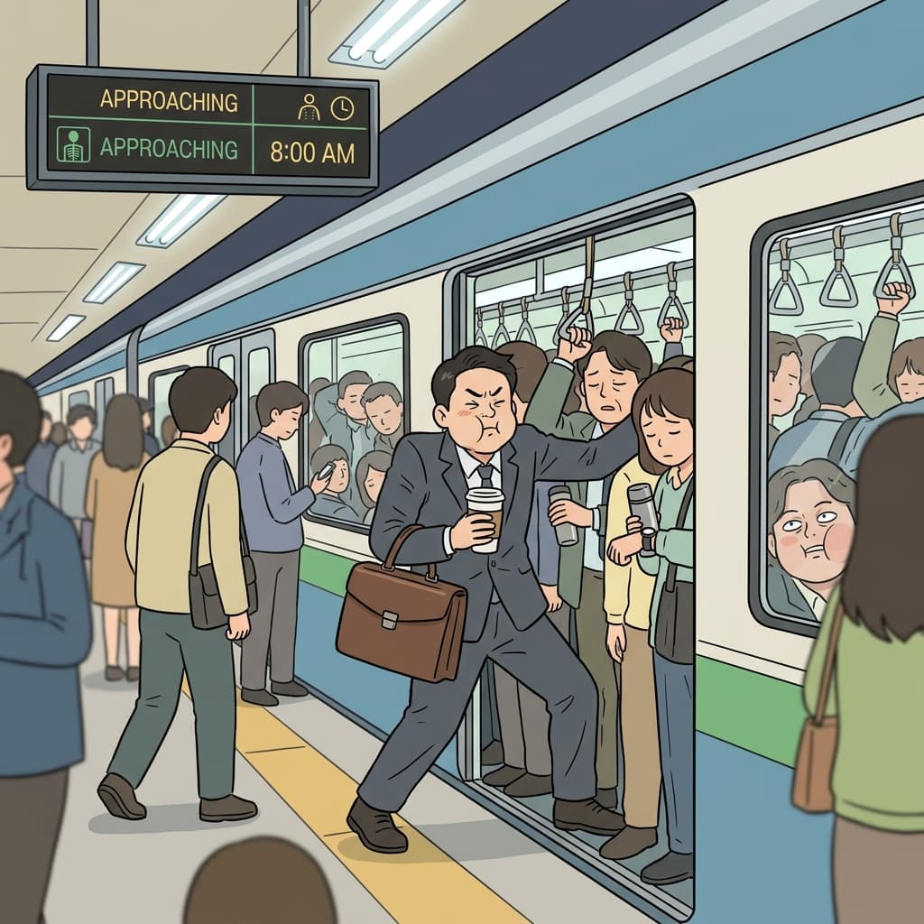 The tired commuter squeezes onto the packed morning train clutching coffee.