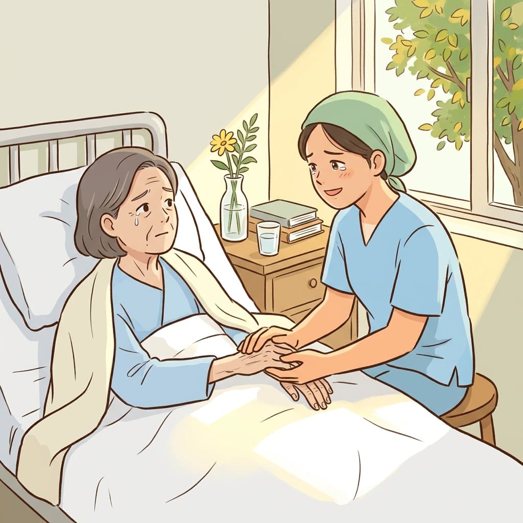 The nurse held the elderly patient's hand with a compassionate smile.