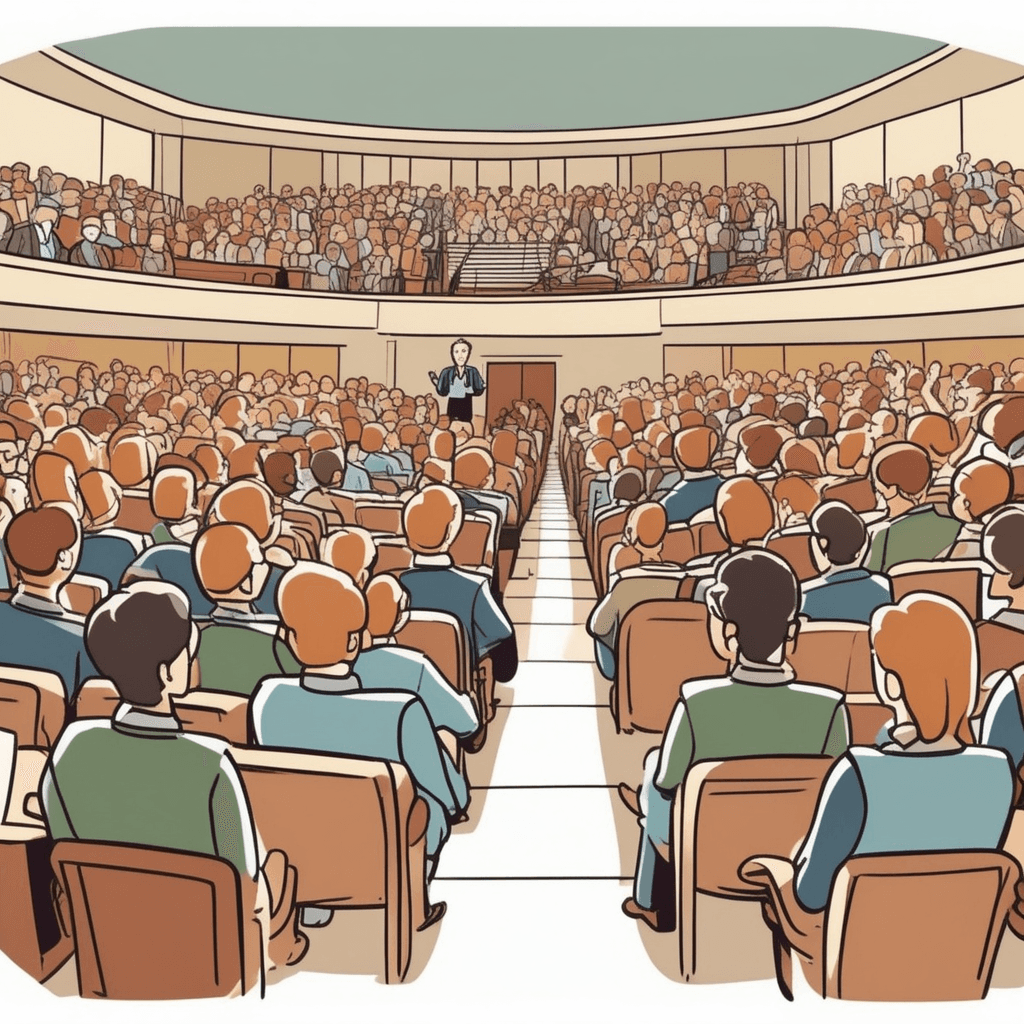 a professor holds up a single thin handbook while gesturing confidently to a packed auditorium. The small book contains everything the students need to know for their entire course. Students lean forward with surprised expressions as they realize this compact guide covers all the massive textbooks stacked on their desks. Several students flip through the thin pages with amazement, comparing it to their heavy course materials. Other students nod appreciatively as they discover how much information fits in such a small package. giving a lot of information clearly and in a few words in a brief but comprehensive way