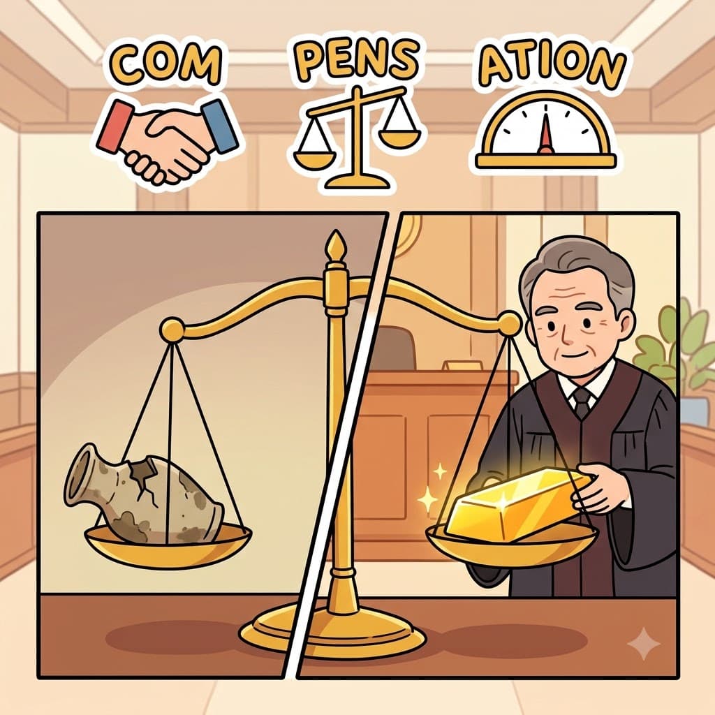 COM(together) + PENS(weigh) + ATION(state) — by placing the gold on the scale to PENS(weigh) it exactly COM(together) with the damaged object, the judge created a state(ATION) of fair compensation.