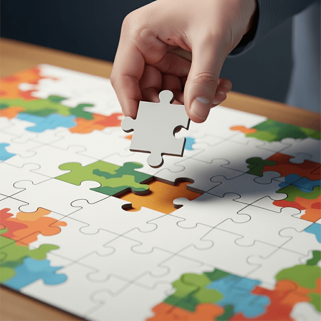 A person places the final puzzle piece to complete the picture.