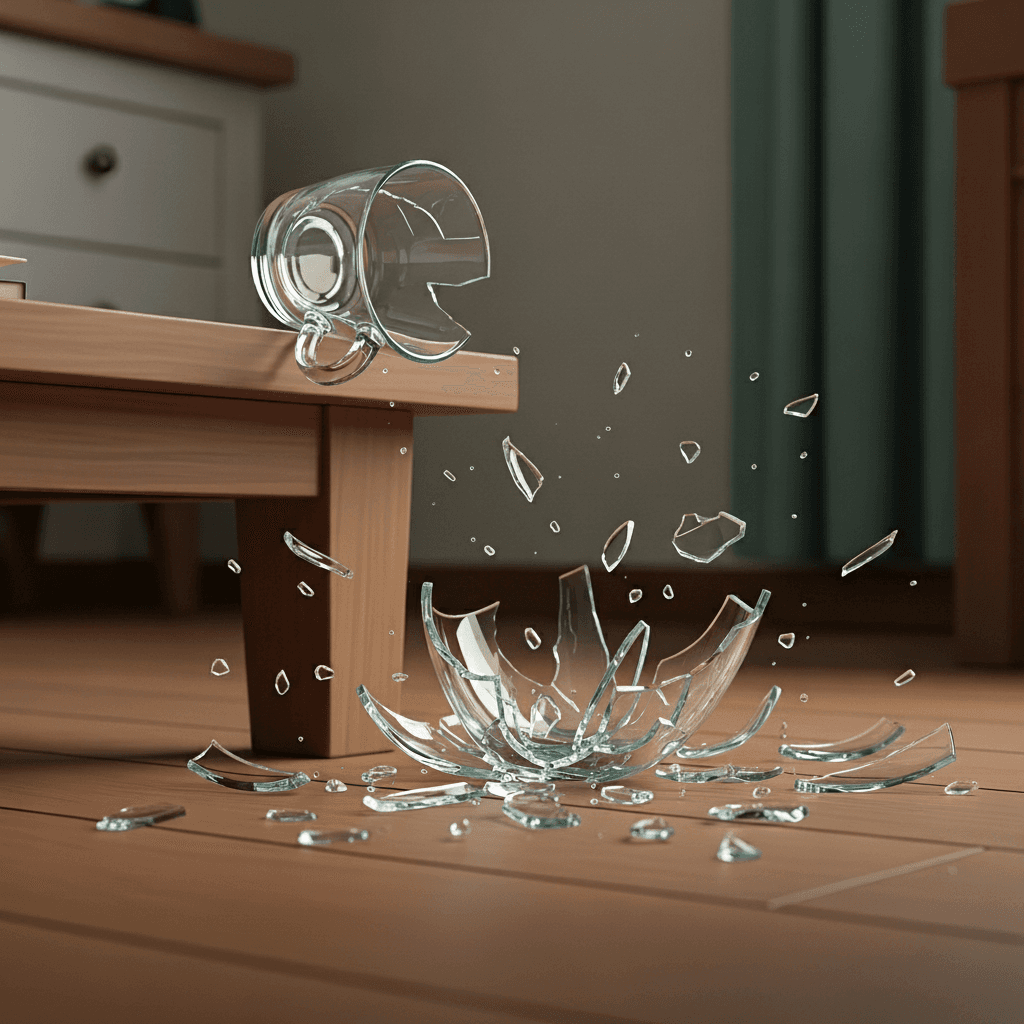 A glass falls off the table and shatters completely into pieces.