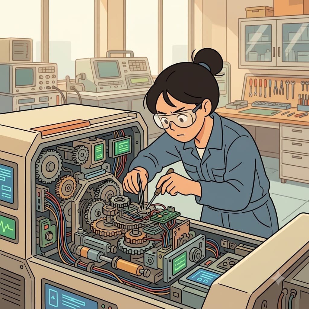 The sophisticated machine developed an unexpected complication, so the technician stayed concentrated while repairing it.