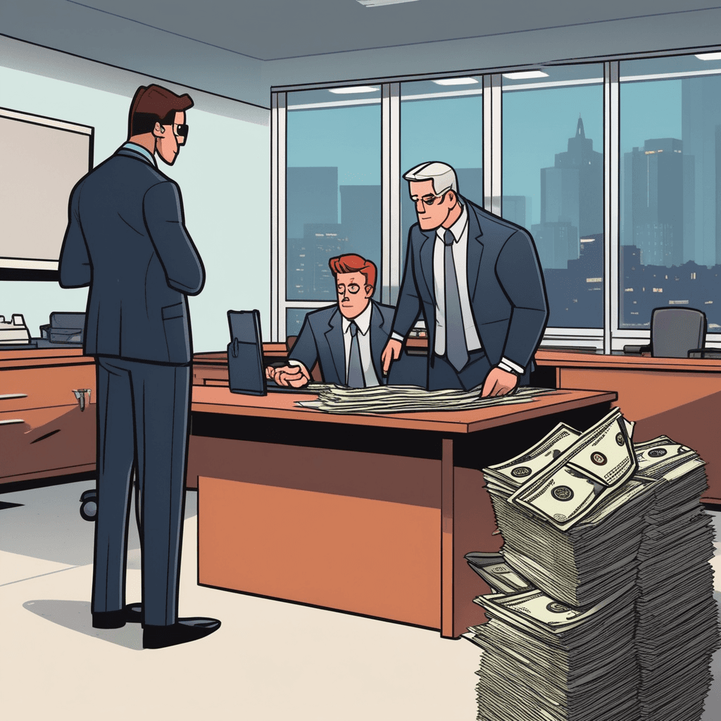 one executive in a dark suit quietly hands over a briefcase full of money to another person across a desk. The second person accepts the briefcase while sliding confidential documents back in return. Both figures glance nervously toward the door to make sure no one is watching them. Security cameras in the corner have been deliberately turned away from their position. A third person stands guard near the office entrance, clearly helping to keep their illegal meeting secret. people being involved with others in an illegal activity or wrongdoing