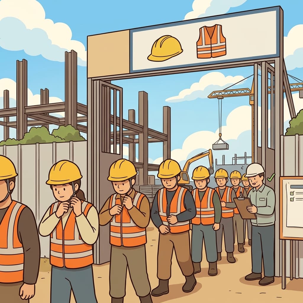 Workers comply with the new safety rules by wearing helmets on site.