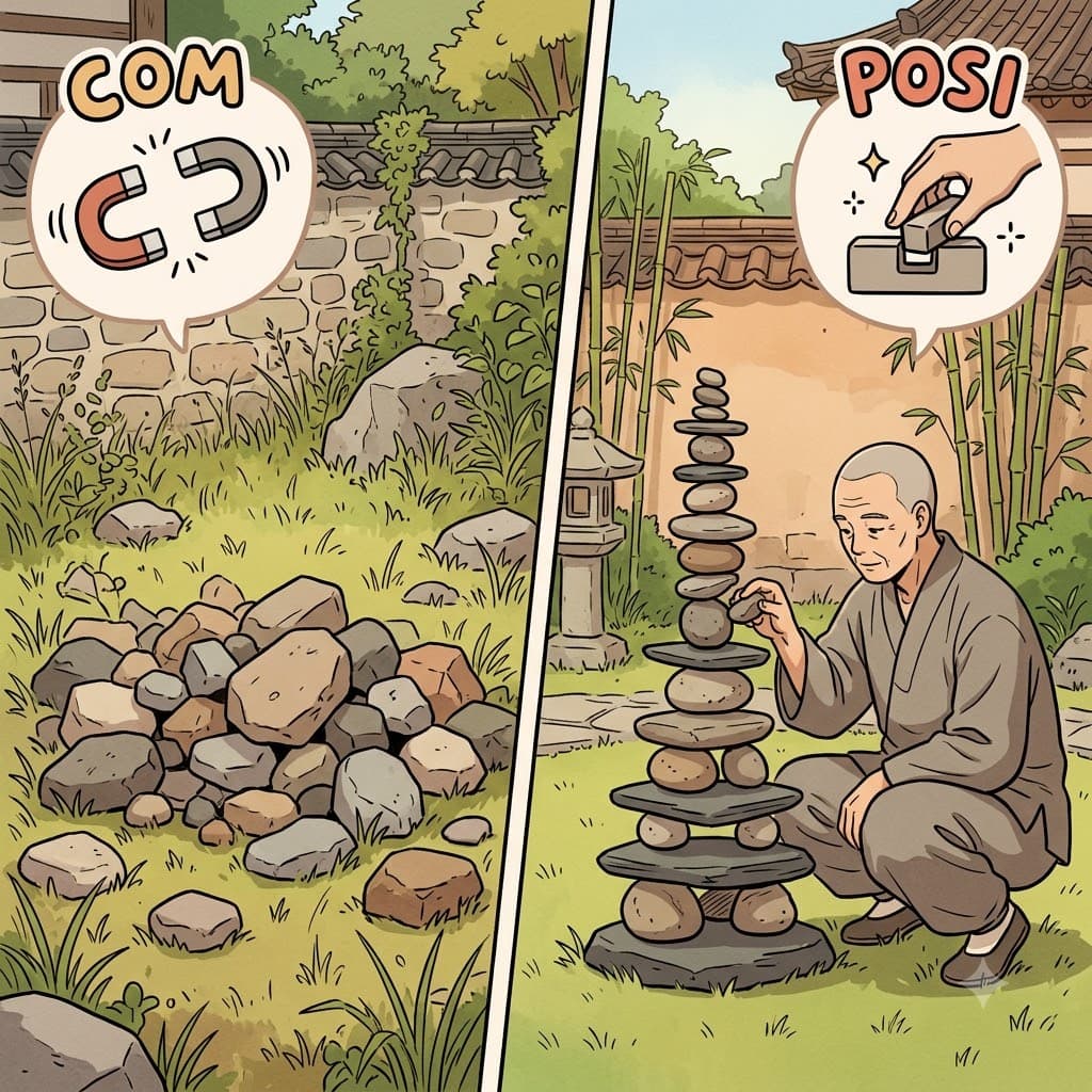COM (together) + POSI (place) — by carefully placing (POSI) every stone COM (together) in balance, the stonemason created a sturdy structural composition.