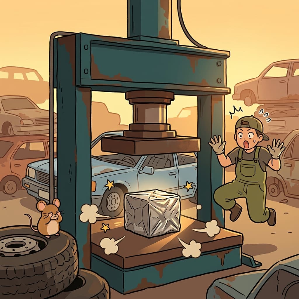 The hydraulic press compressed the old car into a tiny metal cube.