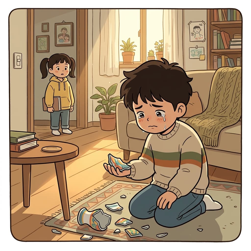 After breaking his sister's vase, the boy looked compunctious and offered to fix it.