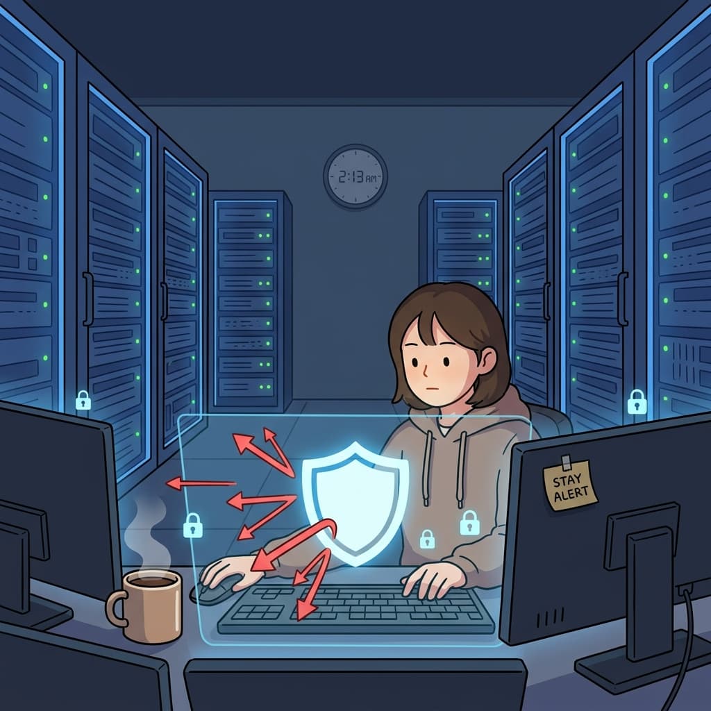 Late at night, an analyst shields the company's servers with strong computer security.
