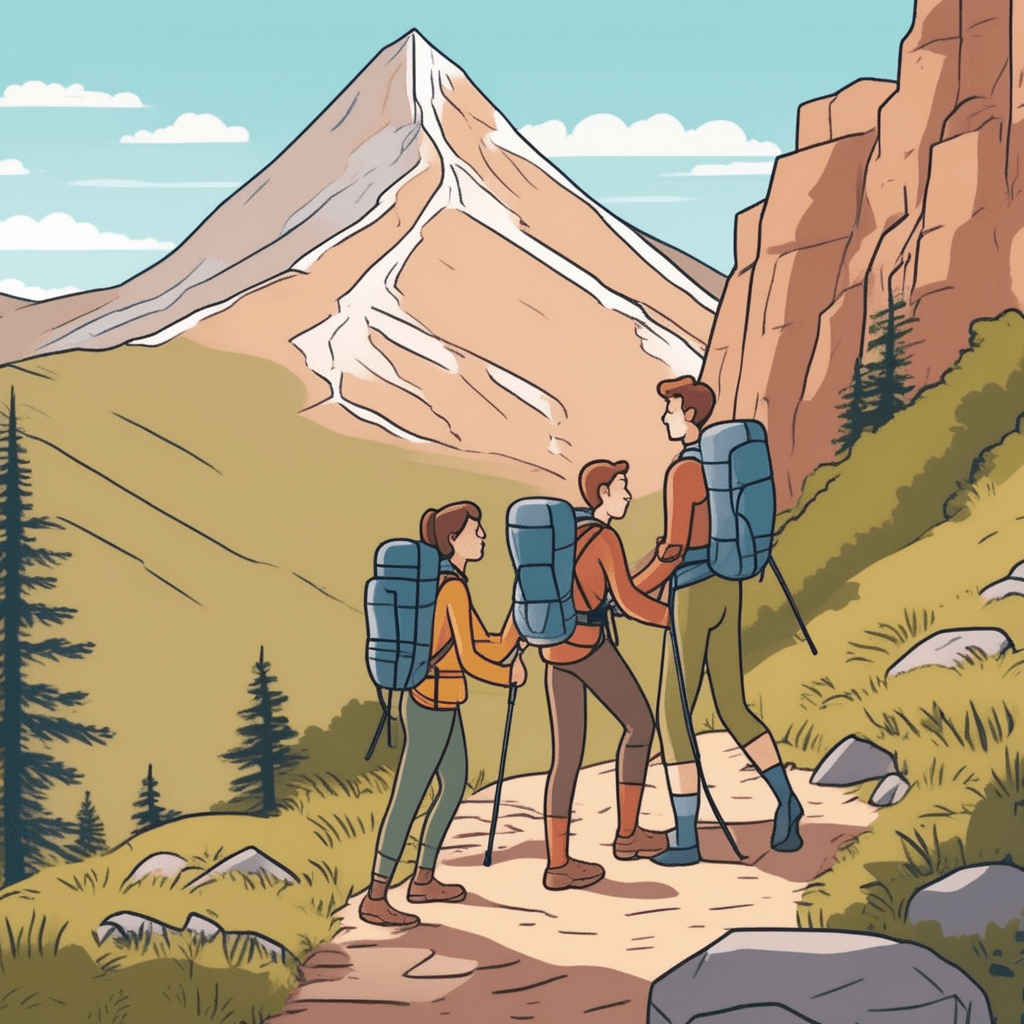 one hiker extends their hand to pull up their tired companion who has stumbled on the rocky trail. The helping hiker braces firmly against the mountain slope to provide steady support. The exhausted hiker gratefully reaches up, their face showing relief and trust. This act of assistance strengthens their bond as they continue the difficult journey together. Other hiking gear and supplies are scattered around them, showing they've been traveling as a team. Their body language demonstrates complete trust and willingness to help each other through challenges. the spirit of friendship and community between people