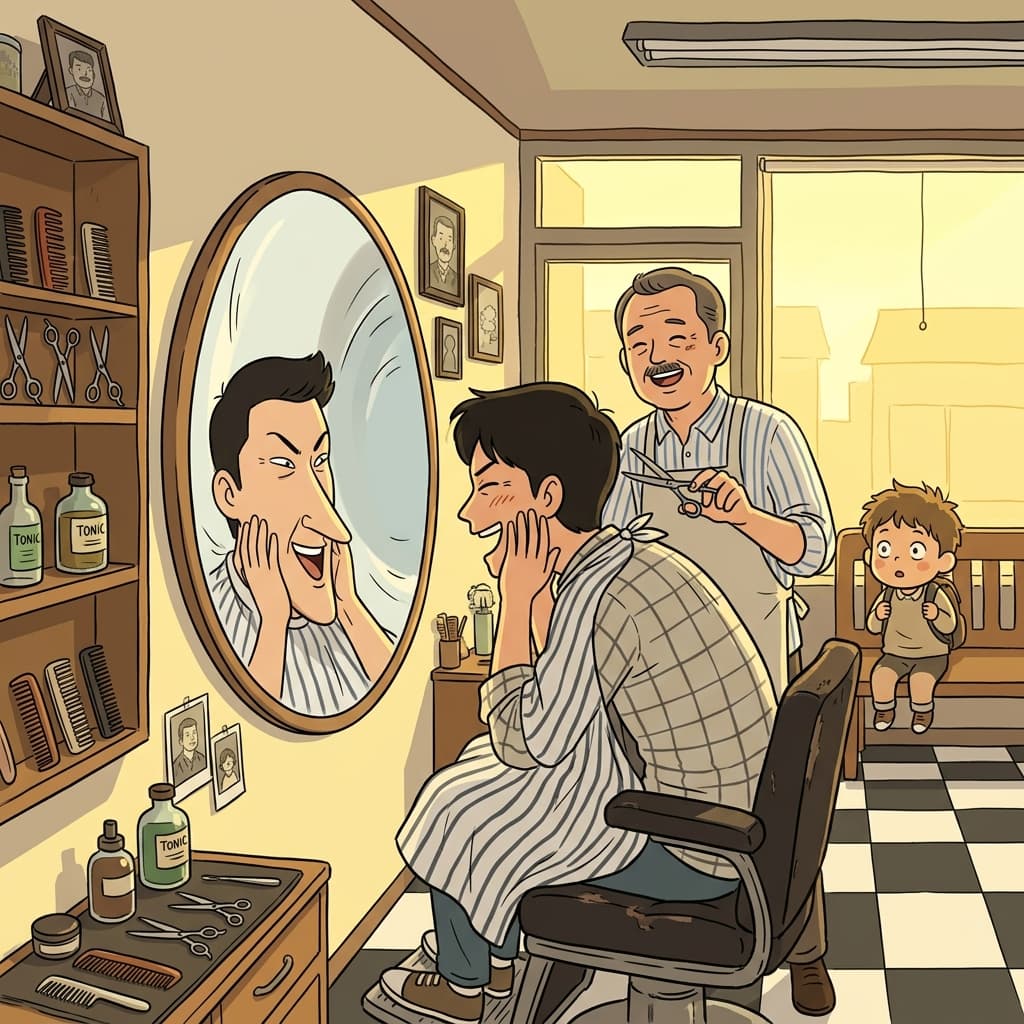 The concave mirror in the old barbershop curves inward, making faces look stretched and funny.
